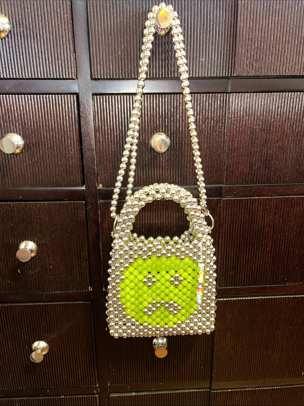 Niica store Beaded Silver Shoulder Bag with Lime Green Smiley Accent